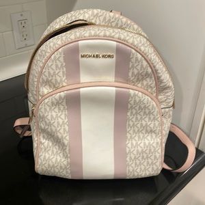 Michael Kors Medium Abbey Mk signature backpack bag Vanilla striped multi
